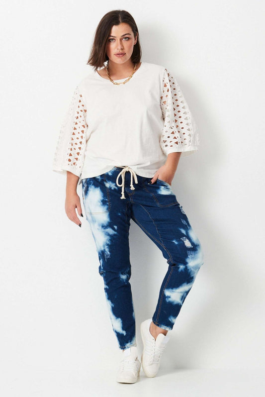 Shibori Keepers - Indigo Wash - 17 Sundays17 SundaysModel wears blue tie dye denim plus size jeans.